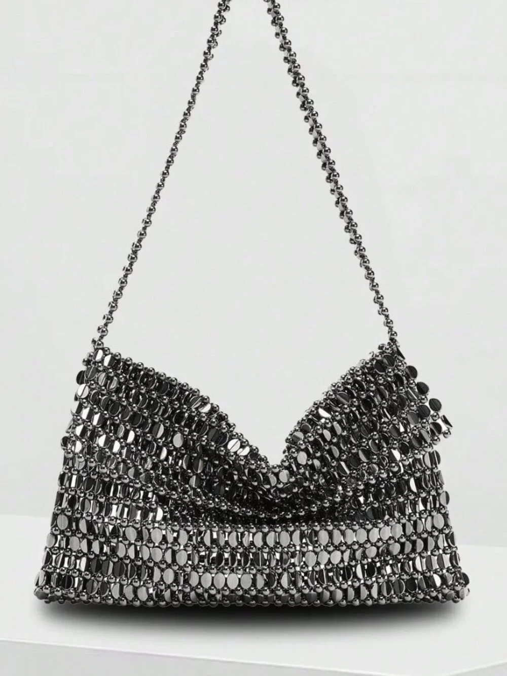 Silver Casual Women's Beaded Square Flap Shoulder Bag